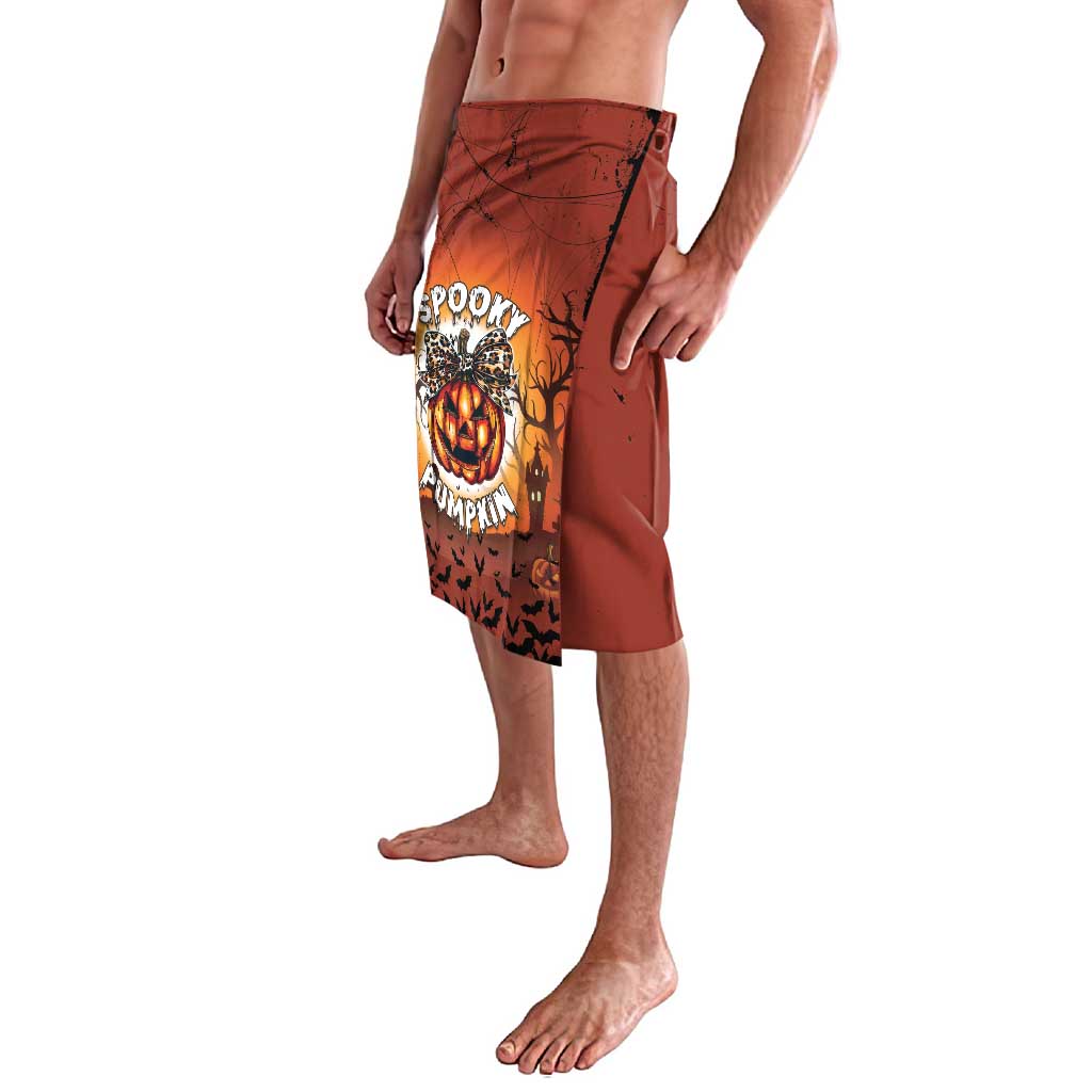 Spooky pumpkin lavalava sarong with jack-o-lantern graphic and text