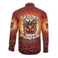 Orange Halloween long-sleeve button shirt with 'Spooky pumpkin' back graphic