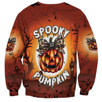 Unisex Halloween sweatshirt, orange back with “Spooky Bumpkin” pumpkin graphic