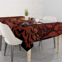 Spooky Halloween tablecloth with pumpkin and bat artwork, folded corner drape