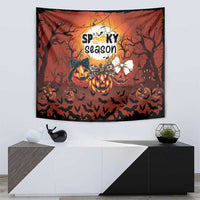 Orange Halloween tapestry with glowing pumpkins, bats, and “Spooky season” title in the middle.