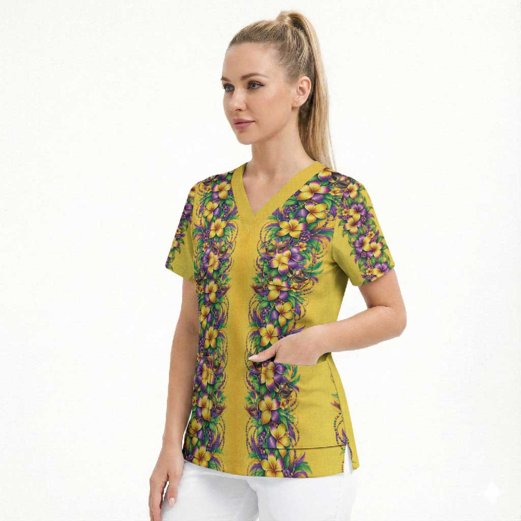 Aloha Hawaii Mardi Gras Scrub Top Gold Style