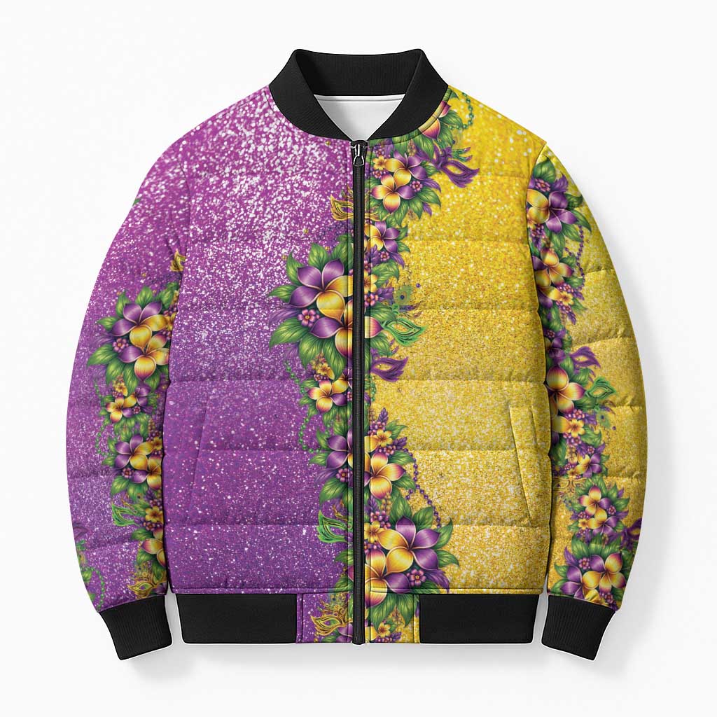 Hawaii Mardi Gras Bomber Puffer Jacket Plumeria Lei Beads Glitter Style