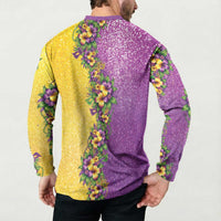 Hawaii Mardi Gras Button Sweatshirt Plumeria Lei Beads Glitter Style