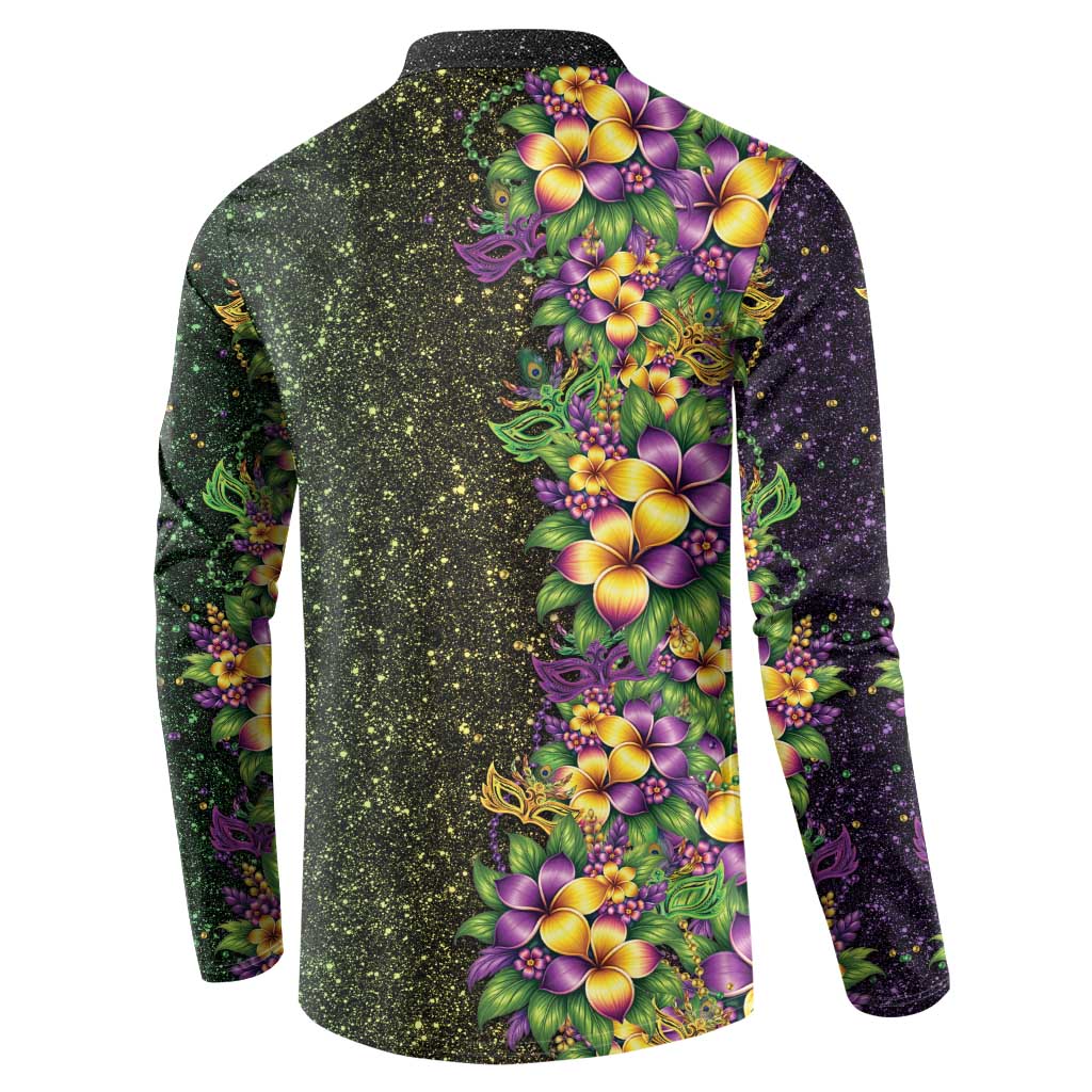 Hawaii Mardi Gras Button Sweatshirt Tropical Flowers Glitter Style