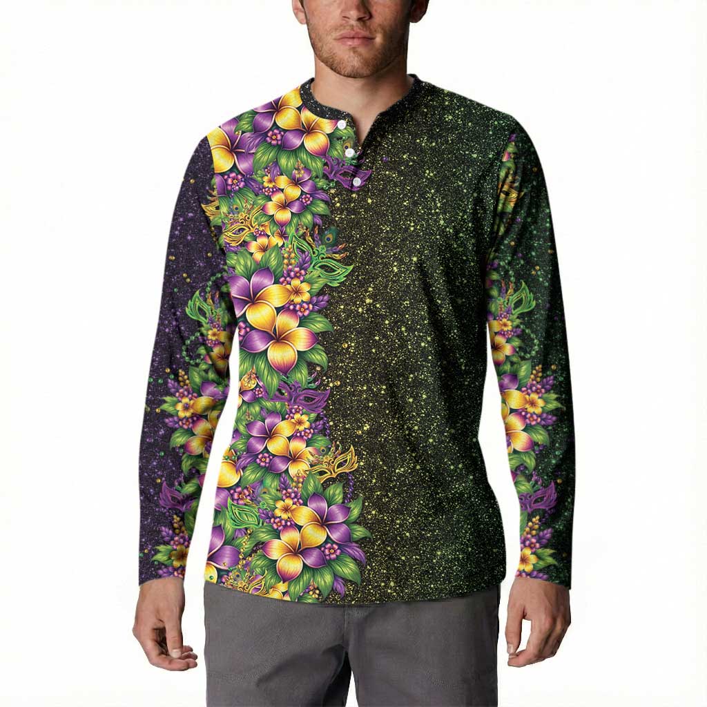 Hawaii Mardi Gras Button Sweatshirt Tropical Flowers Glitter Style