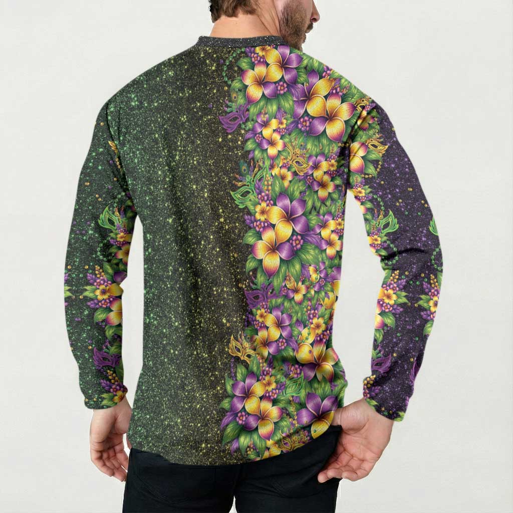 Hawaii Mardi Gras Button Sweatshirt Tropical Flowers Glitter Style