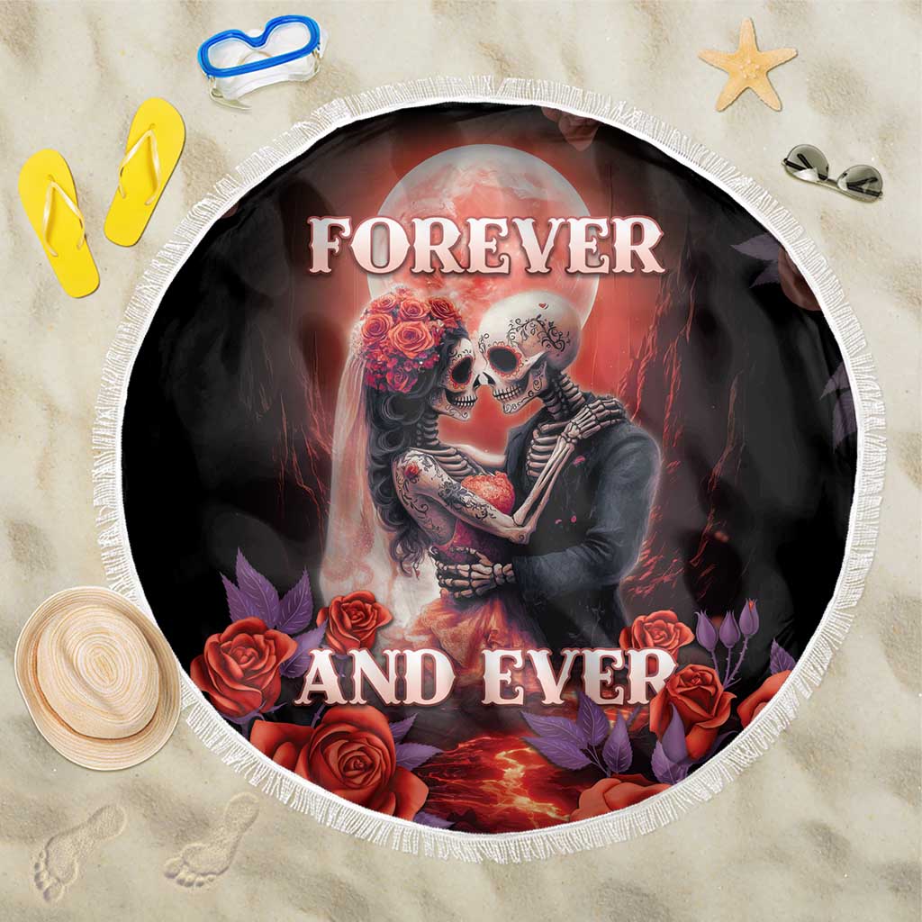 Round beach blanket with sugar skull couple, roses, and “Forever and Ever” print