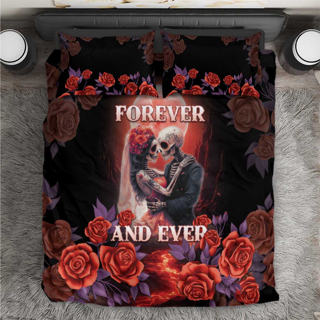 Black Day of the Dead sugar skull bedding set with “Forever and Ever” text and roses