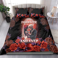Black sugar skull bedding set with “Forever and Ever” lettering, roses, and skeleton couple