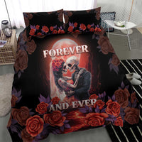 Black “Forever and Ever” sugar skull bedding set with red roses and purple accents
