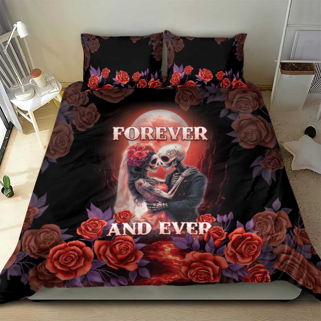 Black sugar skull bedding set featuring a skeleton couple, “Forever and Ever,” and roses