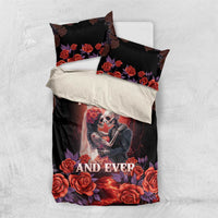 Black Day of the Dead sugar skull bedding set with rose border and “Forever and Ever”