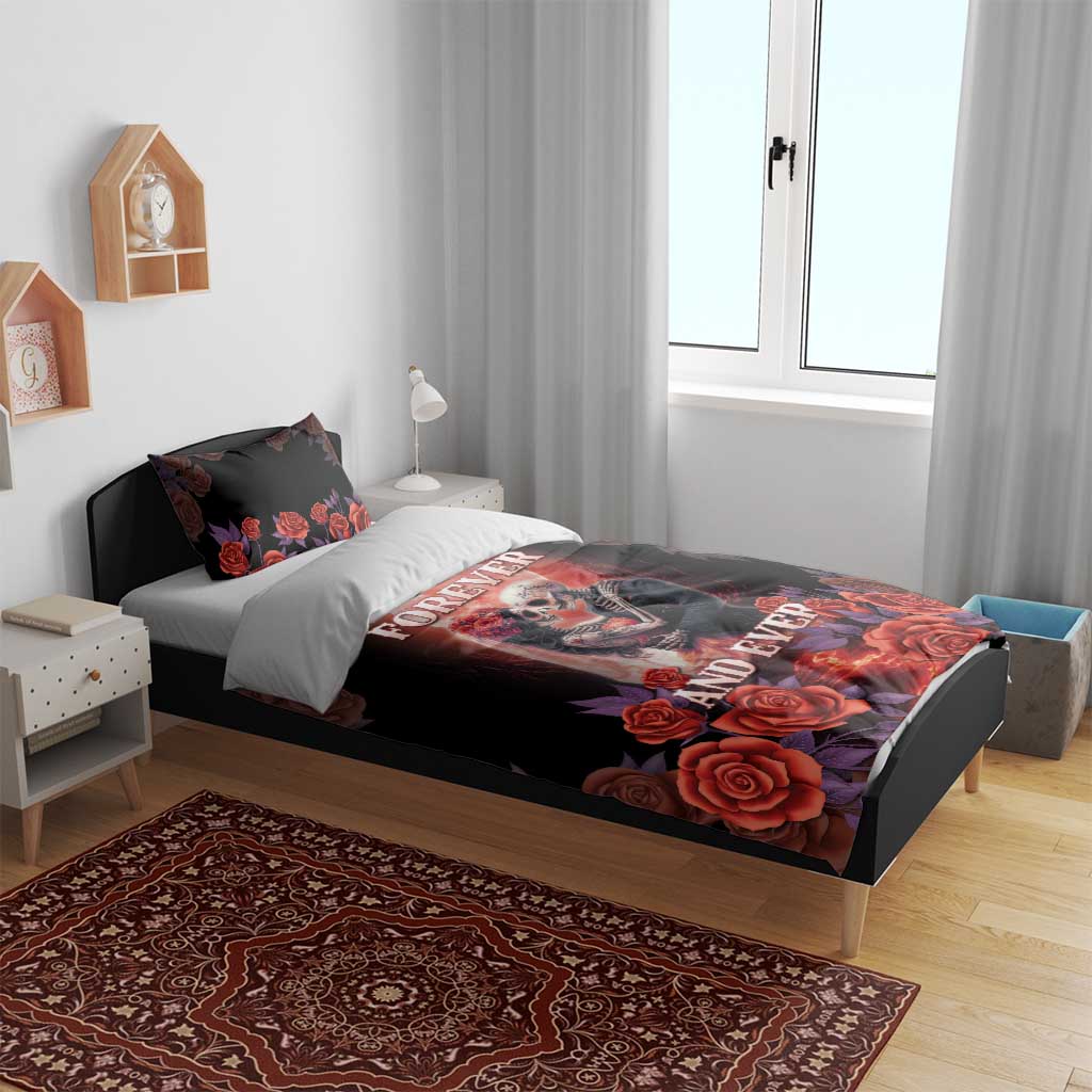 Black sugar skull bedding set with “Forever and Ever” print, roses, and skeleton couple