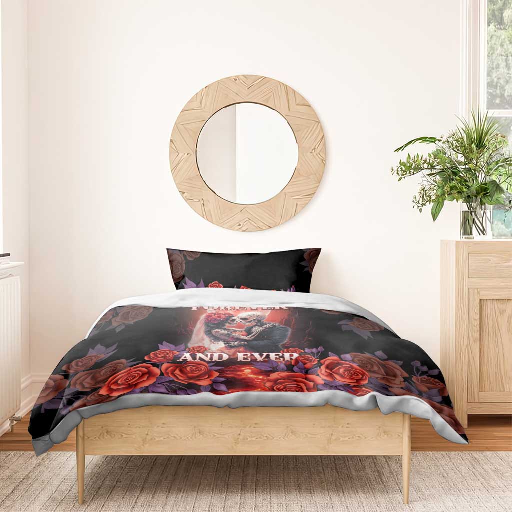 Black sugar skull bedding set with “Forever and Ever” text, roses, and skeleton couple