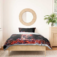 Black sugar skull bedding set with “Forever and Ever” text, roses, and skeleton couple