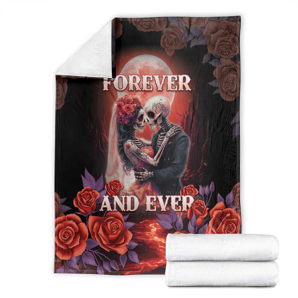 Red day of the dead blanket, folded, with skull couple, 'Forever and Ever' and roses