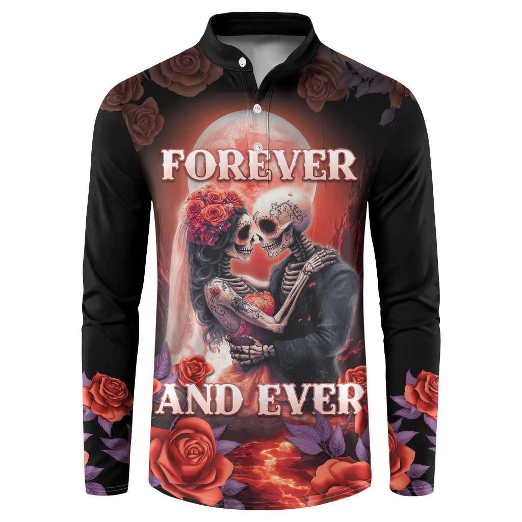 Black button-up sweatshirt with Day of Dead couple skull graphic, roses, 'FOREVER' text