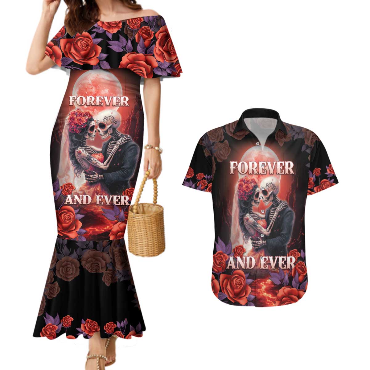 Personalised Day of Dead Couple Sugar Skull Couples Matching Mermaid Dress and Hawaiian Shirt Forever and Ever! LT05 - Wonder Print Shop