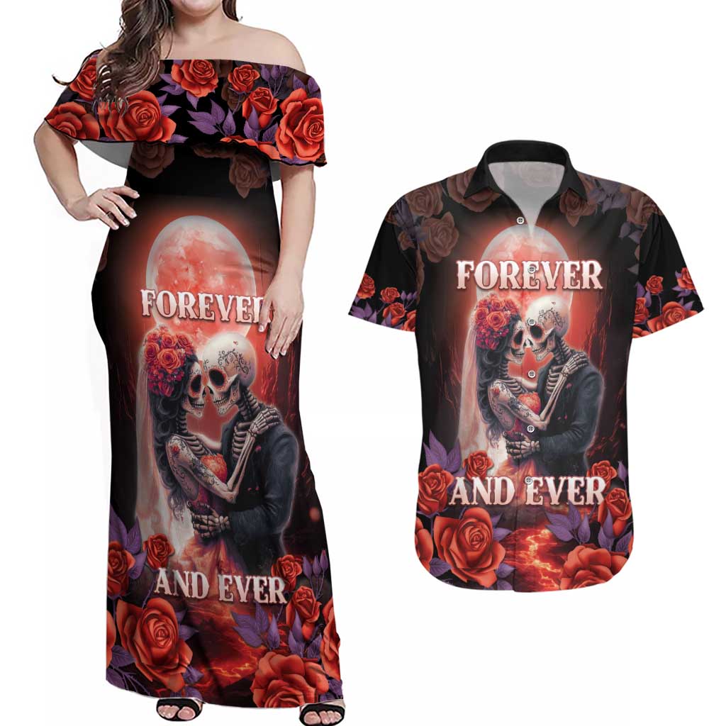 Day of Dead Couple Sugar Skull Couples Matching Off Shoulder Maxi Dress and Hawaiian Shirt Forever and Ever!