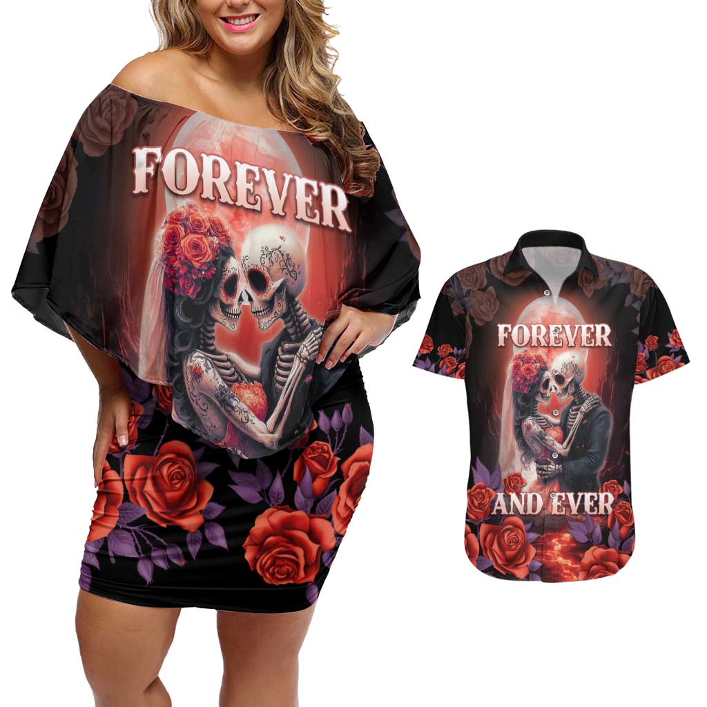 Day of Dead Couple Sugar Skull Couples Matching Off Shoulder Short Dress and Hawaiian Shirt Forever and Ever!