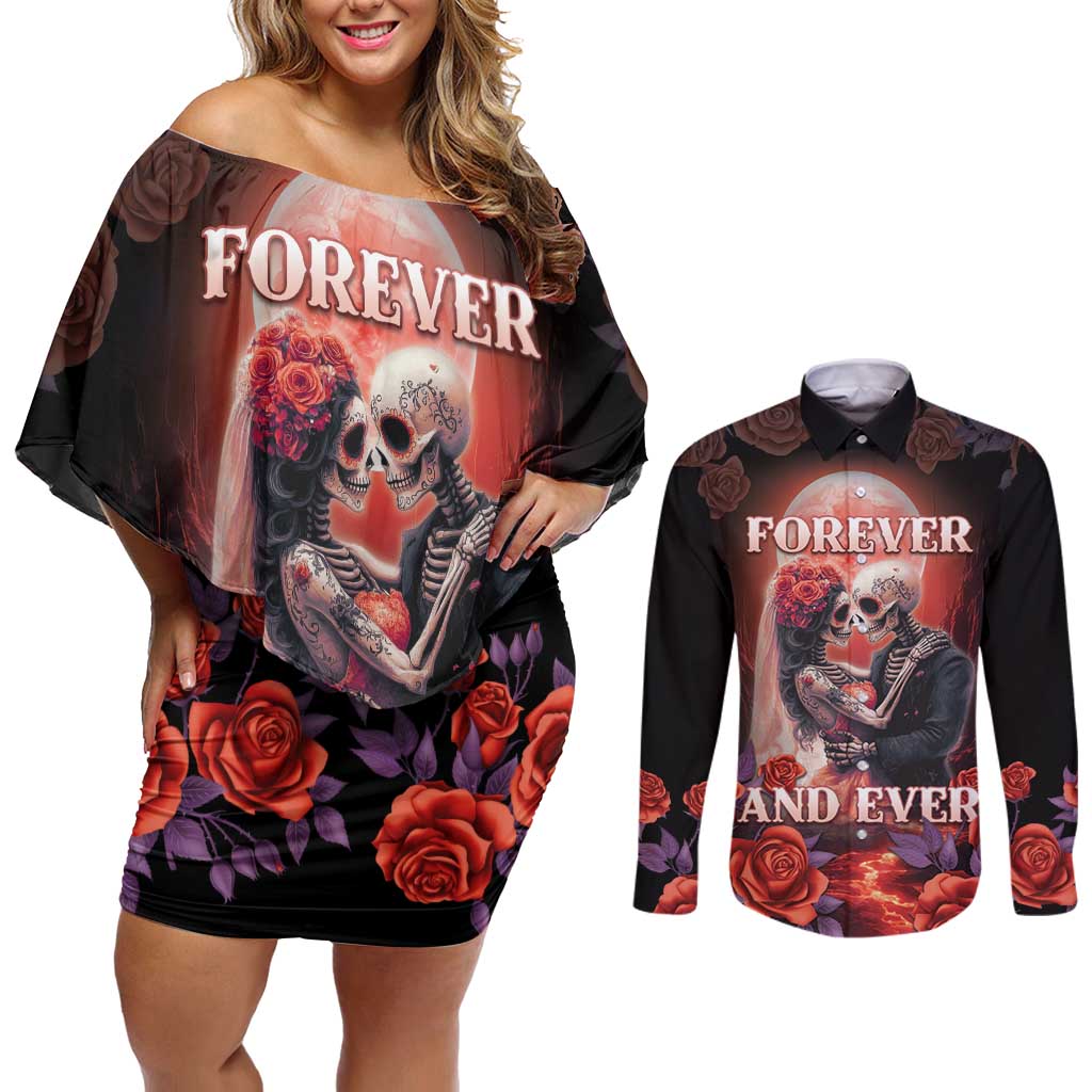 Personalised Day of Dead Couple Sugar Skull Couples Matching Off Shoulder Short Dress and Long Sleeve Button Shirt Forever and Ever! LT05 - Wonder Print Shop