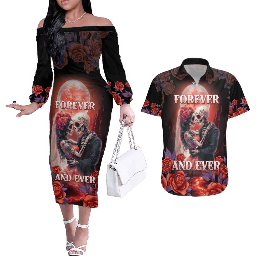 Day of Dead Couple Sugar Skull Couples Matching Off The Shoulder Long Sleeve Dress and Hawaiian Shirt Forever and Ever!