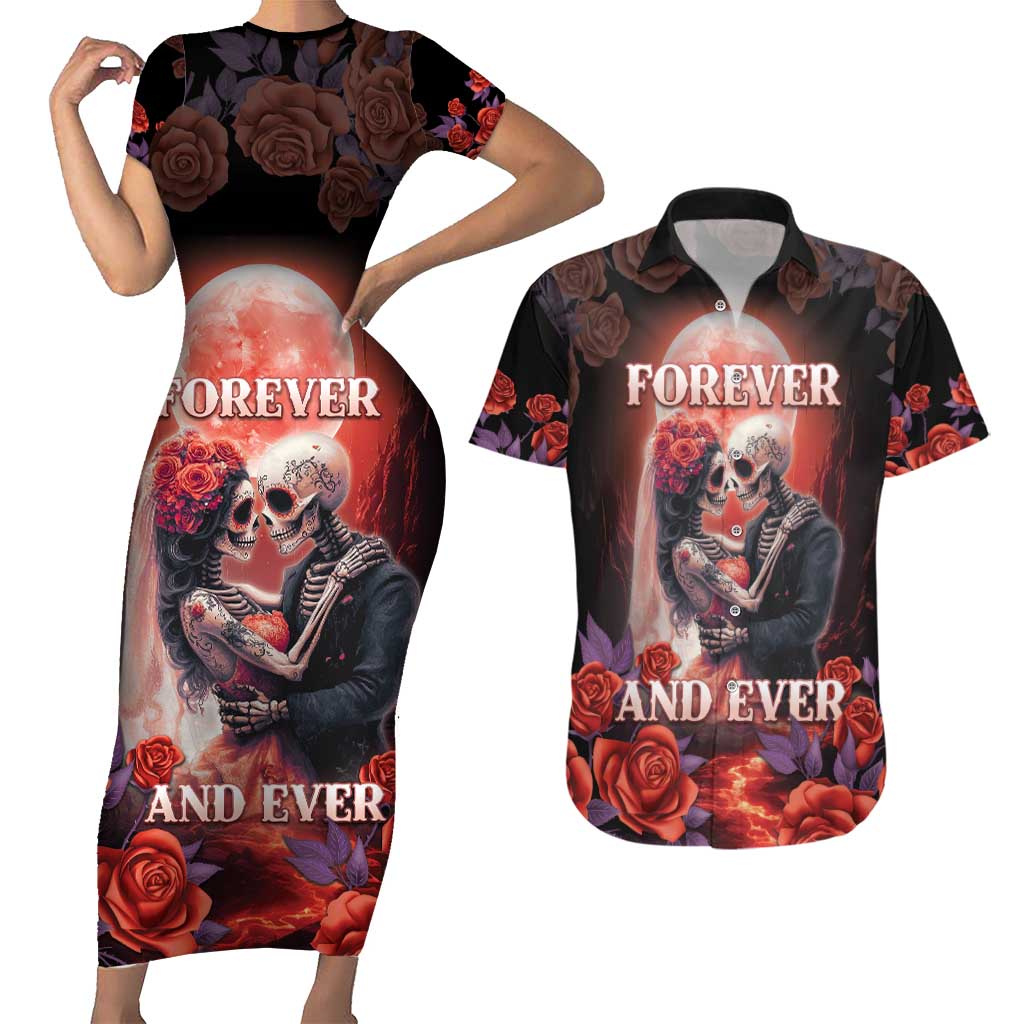 Day of Dead Couple Sugar Skull Couples Matching Short Sleeve Bodycon Dress and Hawaiian Shirt Forever and Ever!