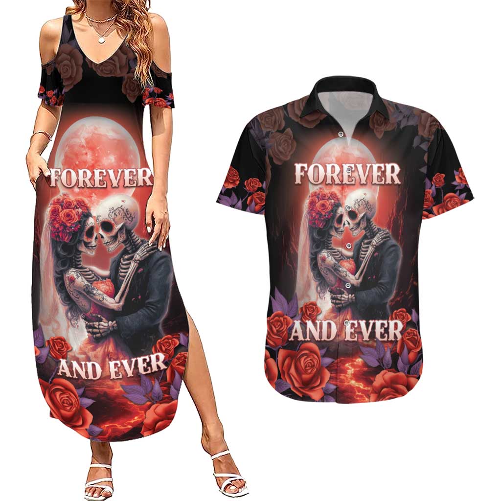 Day of Dead Couple Sugar Skull Couples Matching Summer Maxi Dress and Hawaiian Shirt Forever and Ever!