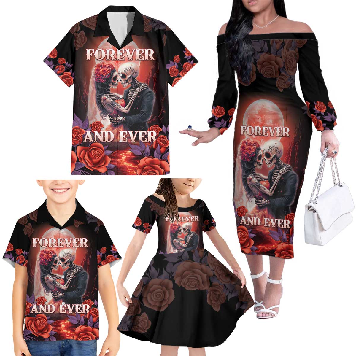 Personalised Day of Dead Couple Sugar Skull Family Matching Off The Shoulder Long Sleeve Dress and Hawaiian Shirt Forever and Ever! LT05 - Wonder Print Shop