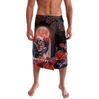 Day of the dead sarong: black with red roses, sugar skull and moon graphic
