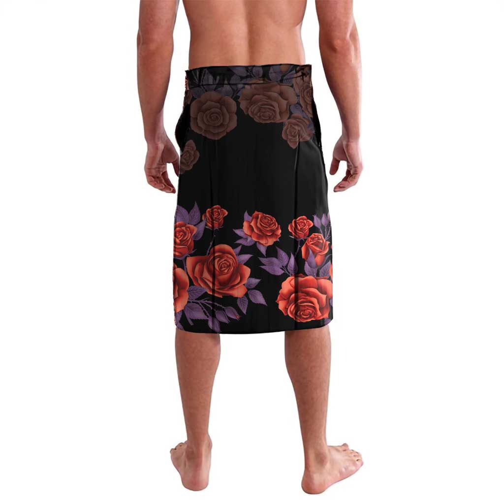 Day of the dead sarong: black with red-orange roses and purple flower pattern