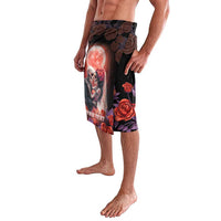 Day of the dead sarong: black with sugar skull under moon, roses, and 'OUR TEXT'
