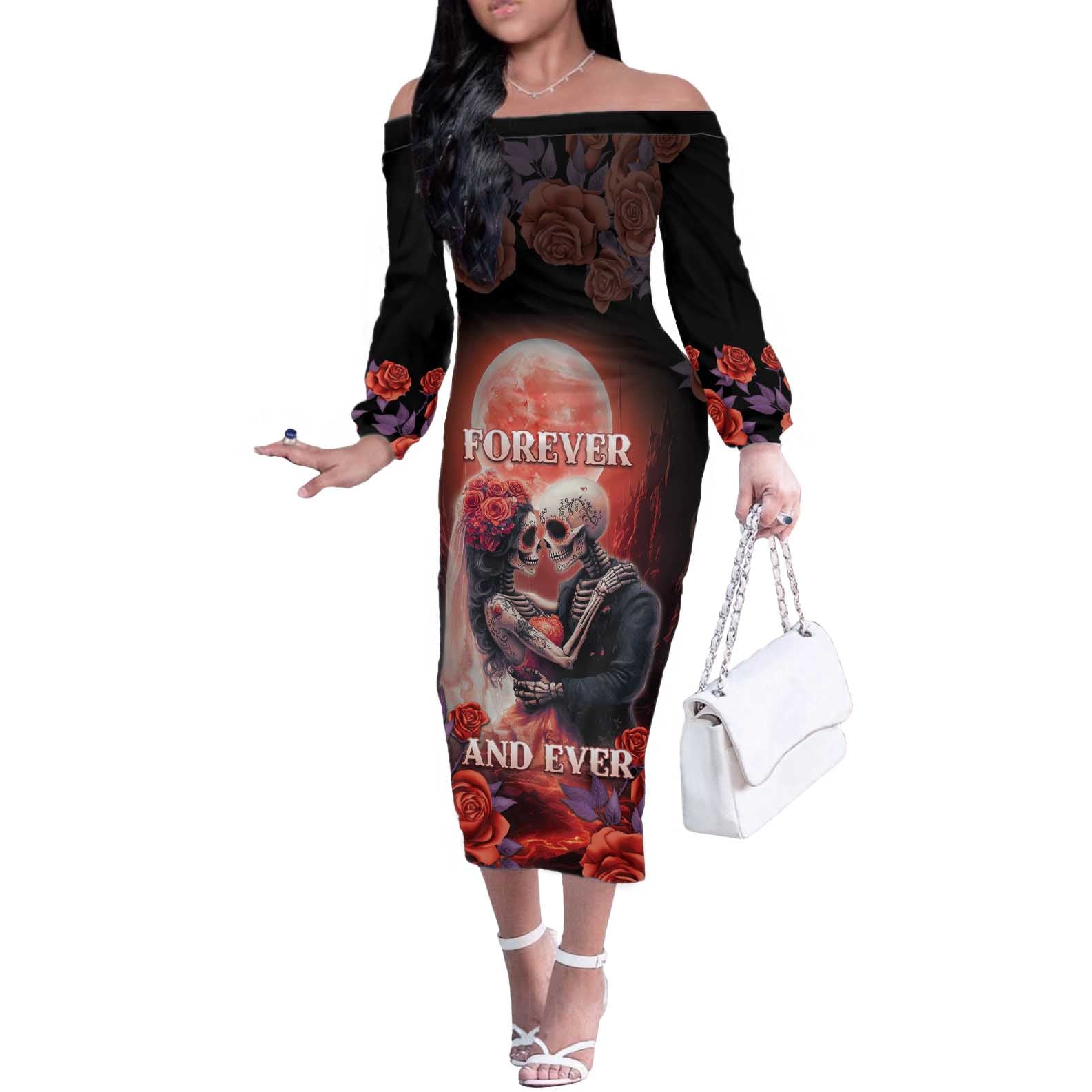 Day of Dead Couple Sugar Skull Off The Shoulder Long Sleeve Dress Forever and Ever!