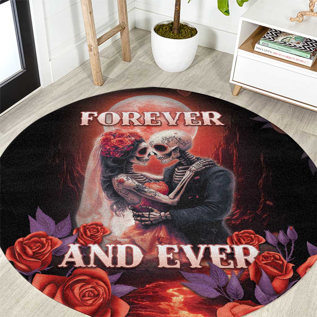 Round sugar skull carpet with “FOREVER” and “AND EVER” text, couple skulls and roses