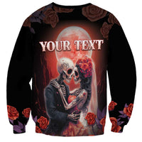 Unisex black crewneck sweatshirt with skull couple graphic and Your Text banner