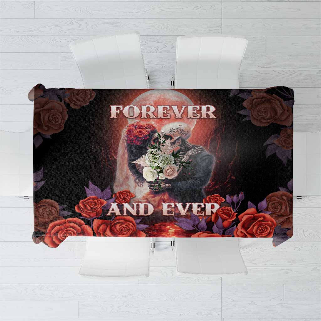 Day of the Dead sugar skull tablecloth with “FOREVER AND EVER” and roses, rectangular