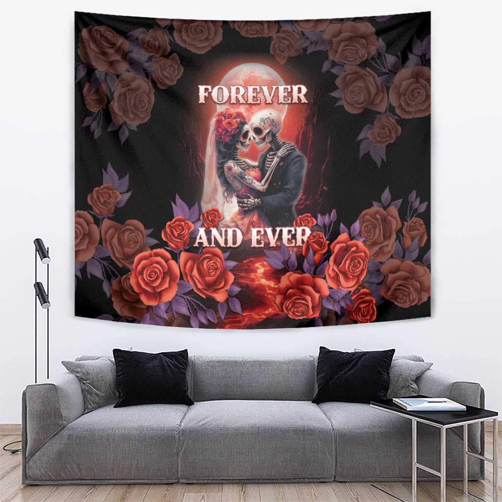 Day of the Dead sugar skull tapestry with skull couple, roses, and “FOREVER AND EVER”