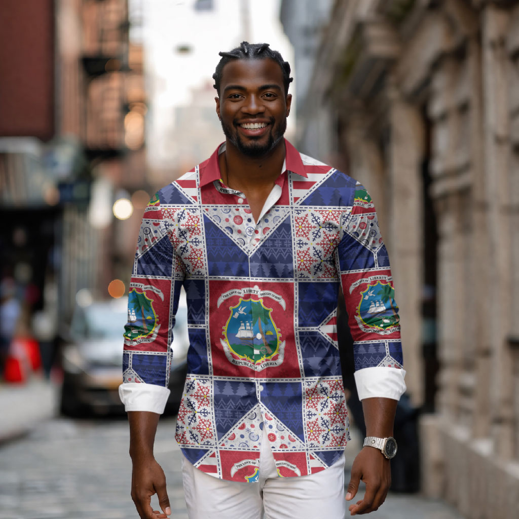 Liberia Christmas Long Sleeve Button Shirt Patchwork Style