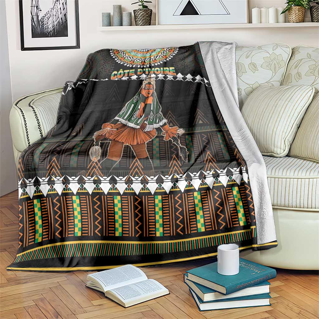 Ivory Coast festival blanket, black with tribal patterns and central dancer graphic