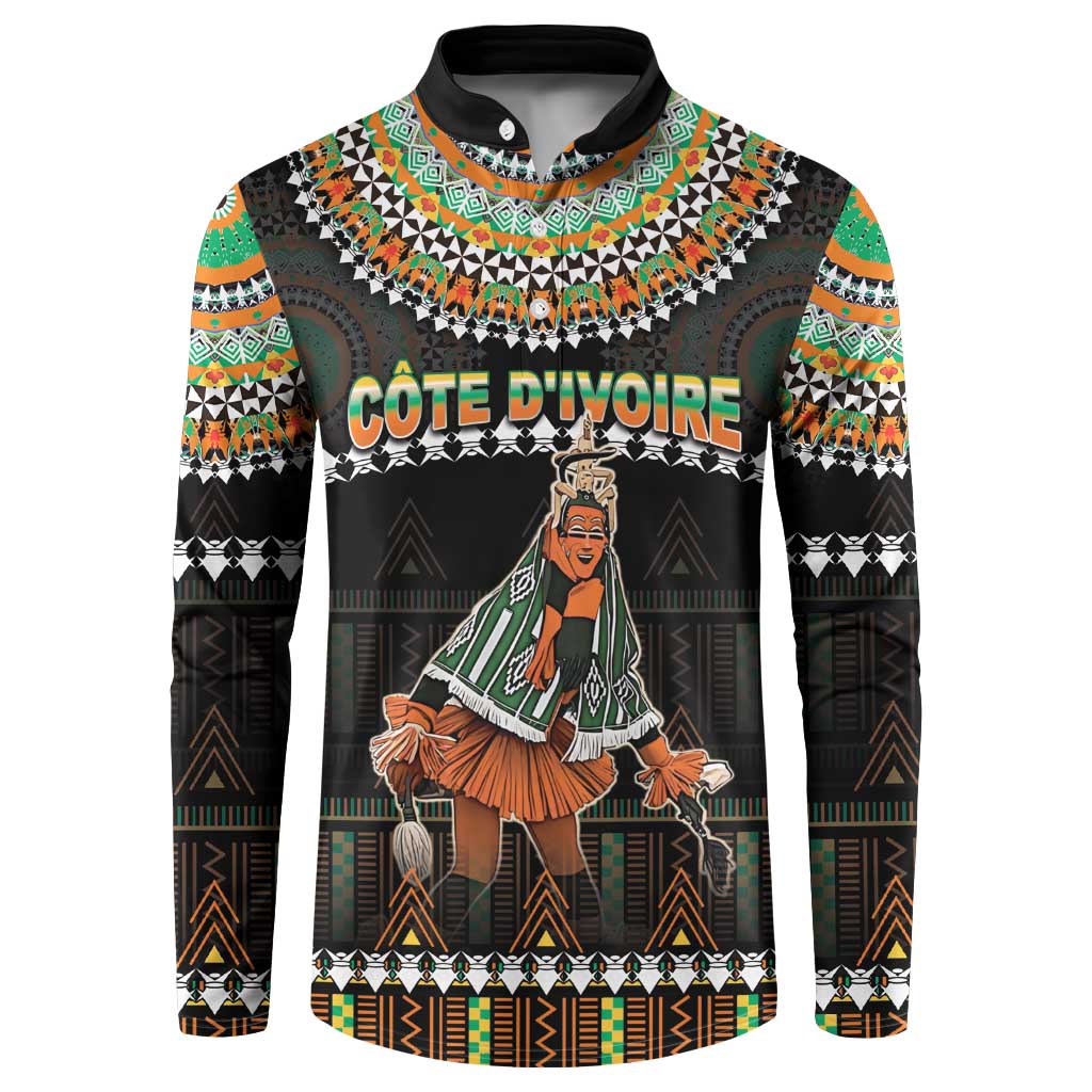 Black crewneck sweatshirt with colorful African mask dancer graphic, long sleeves