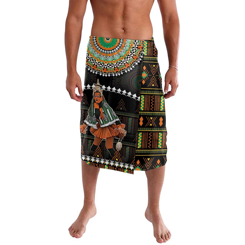 Black printed wrap skirt with illustrated mask and geometric border