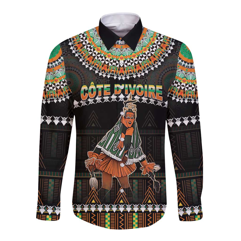 Black long-sleeve button shirt with colorful tribal festival mask artwork and patterned yoke