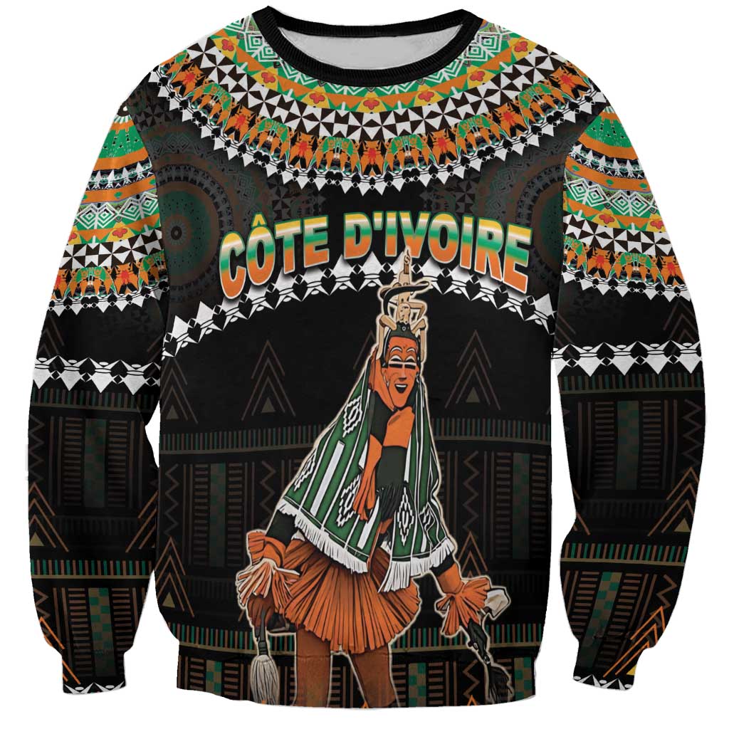 Black crewneck sweatshirt with front print of traditional mask dancer in orange and green