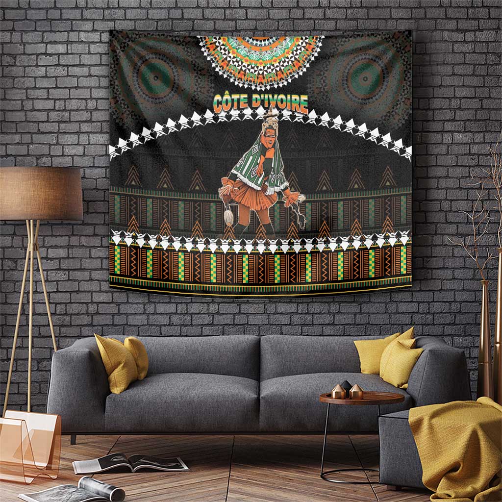 Black African-style tapestry featuring a dancer in traditional attire and pattern bands