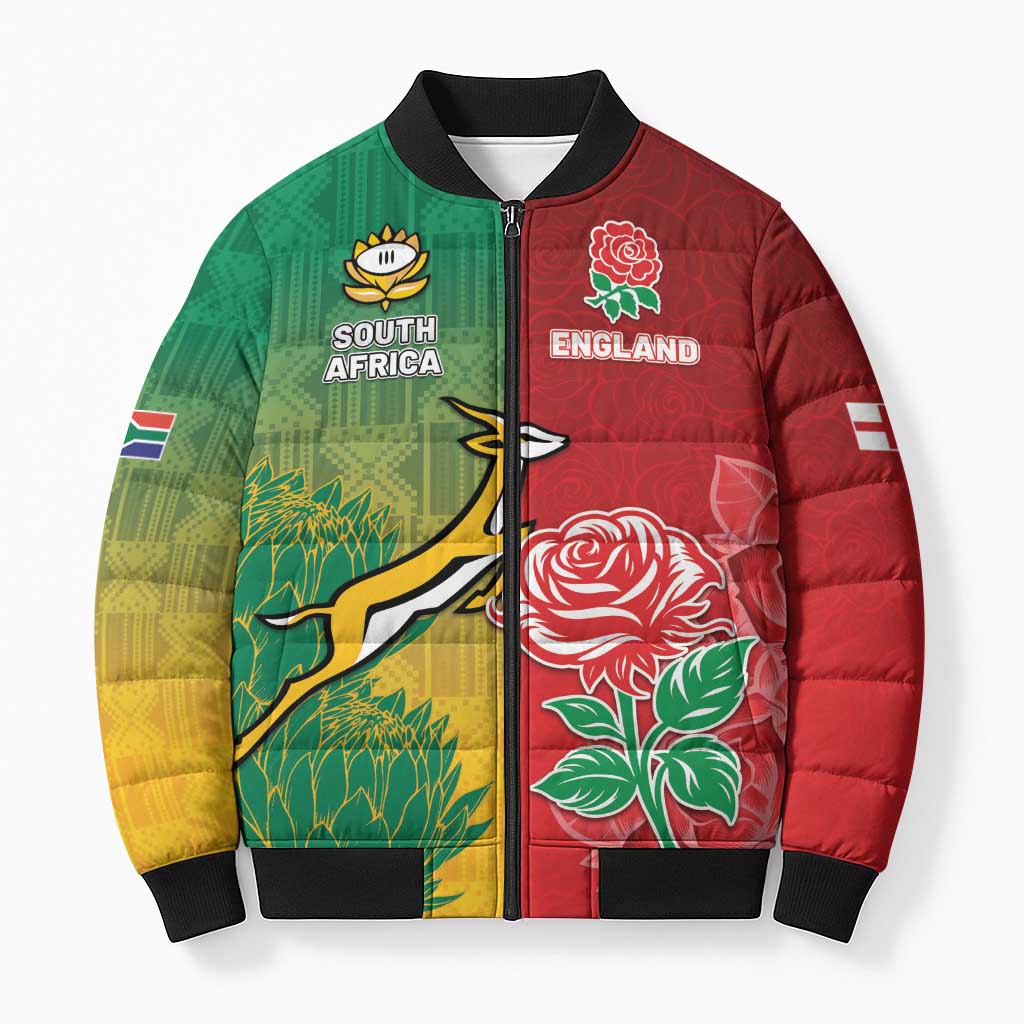 South Africa And England Rugby Custom Bomber Puffer Jacket Springboks And Red Rose Together - Wonder Print Shop