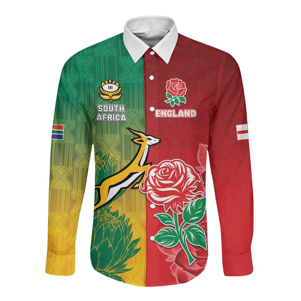 South Africa And England Rugby Custom Long Sleeve Button Shirt Springboks And Red Rose Together - Wonder Print Shop