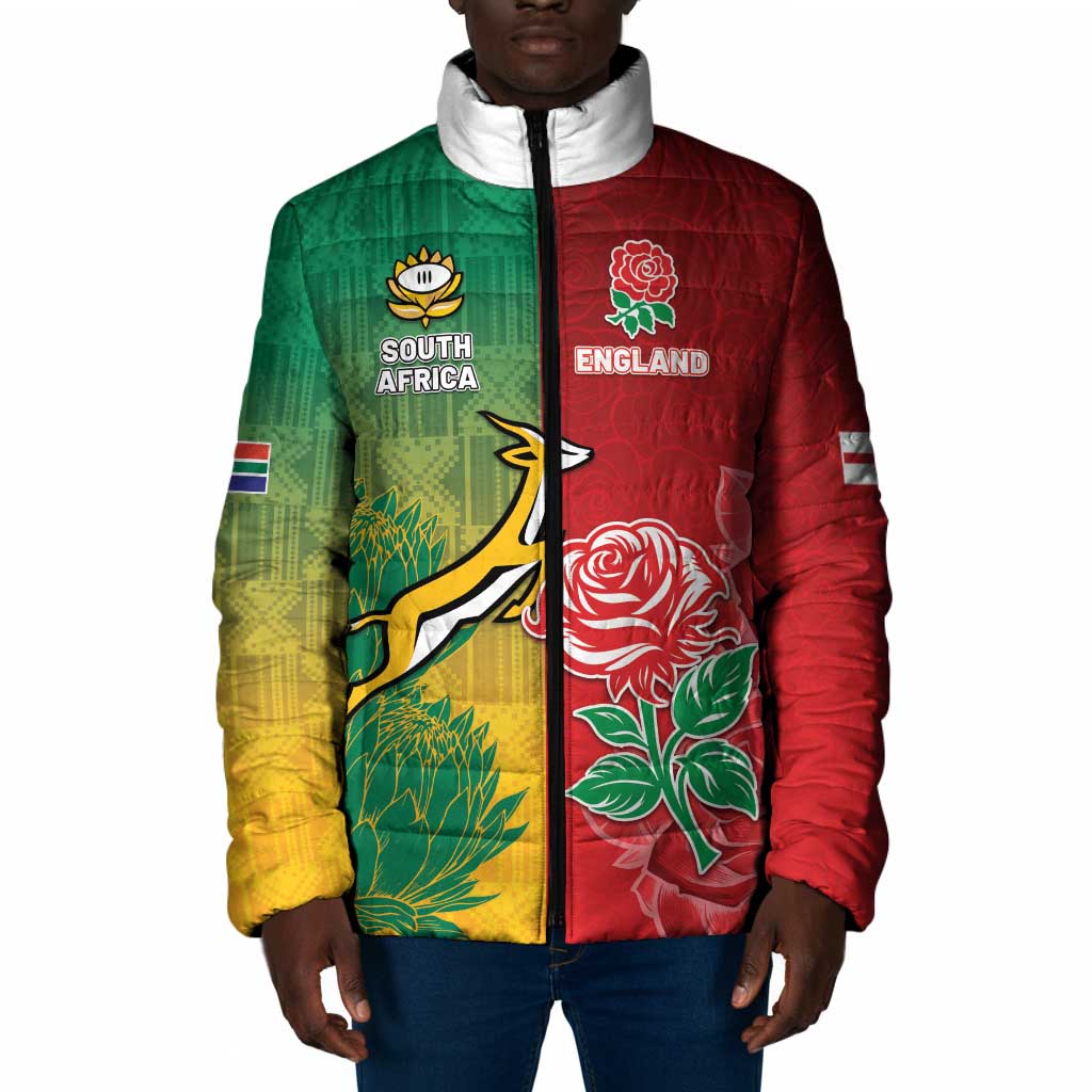 South Africa And England Rugby Custom Padded Jacket Springboks And Red Rose Together - Wonder Print Shop