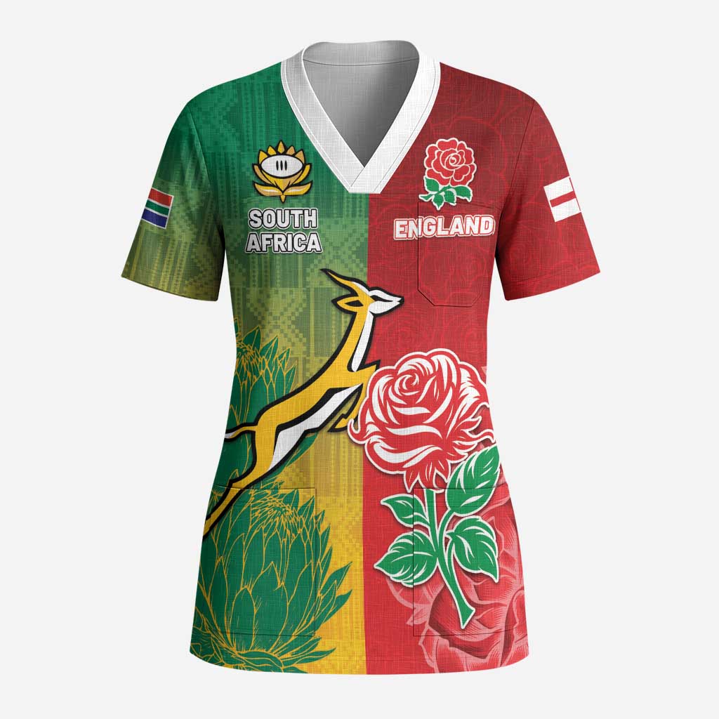 South Africa And England Rugby Custom Scrub Top Springboks And Red Rose Together - Wonder Print Shop