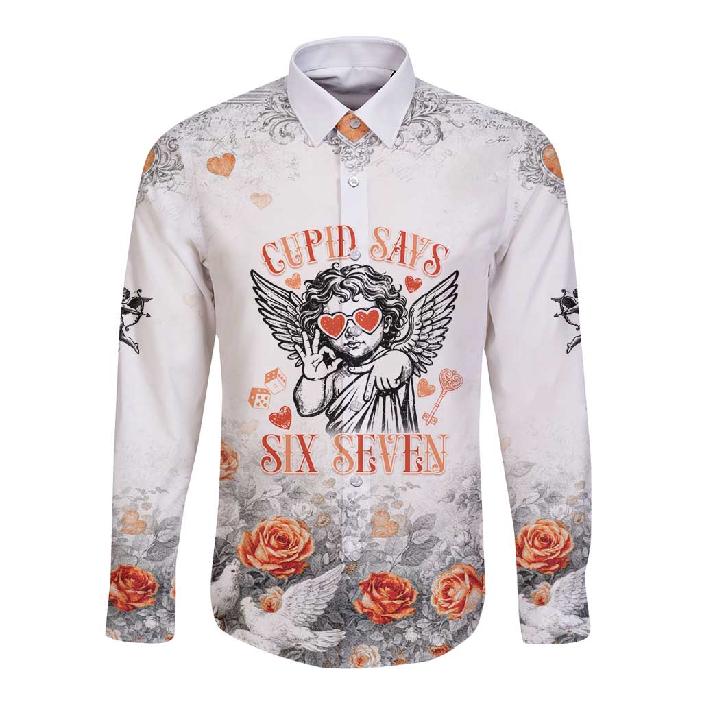 Funny Valentines Day Long Sleeve Button Shirt Cupid Says 67